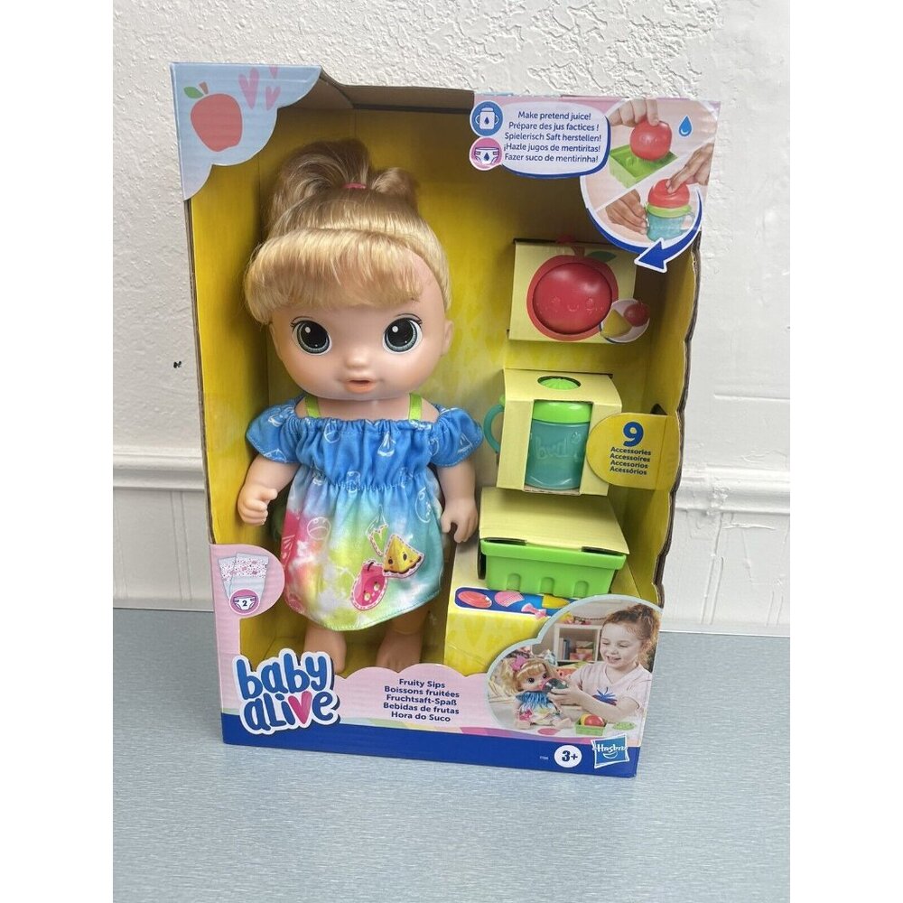 Baby Alive Fruity Sips Baby Doll Blonde Hair/Blue Eyes 12" For 3 Year